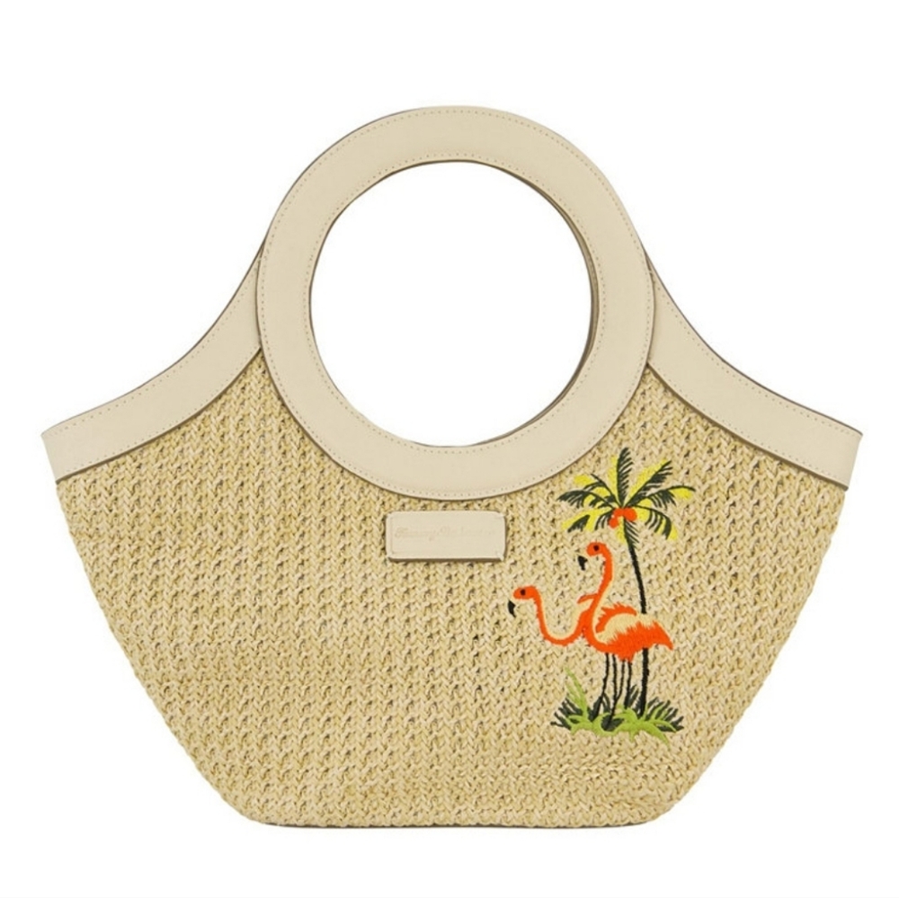 Tommy Bahama Straw Flamingo Tote Handbag